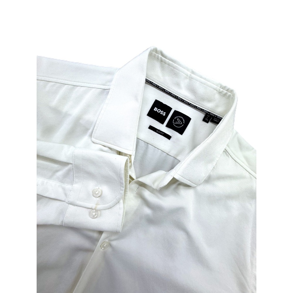 BOSS Mens Slim Fit White 16.5 Long Sleeve Button Down Dress Shirt Performance